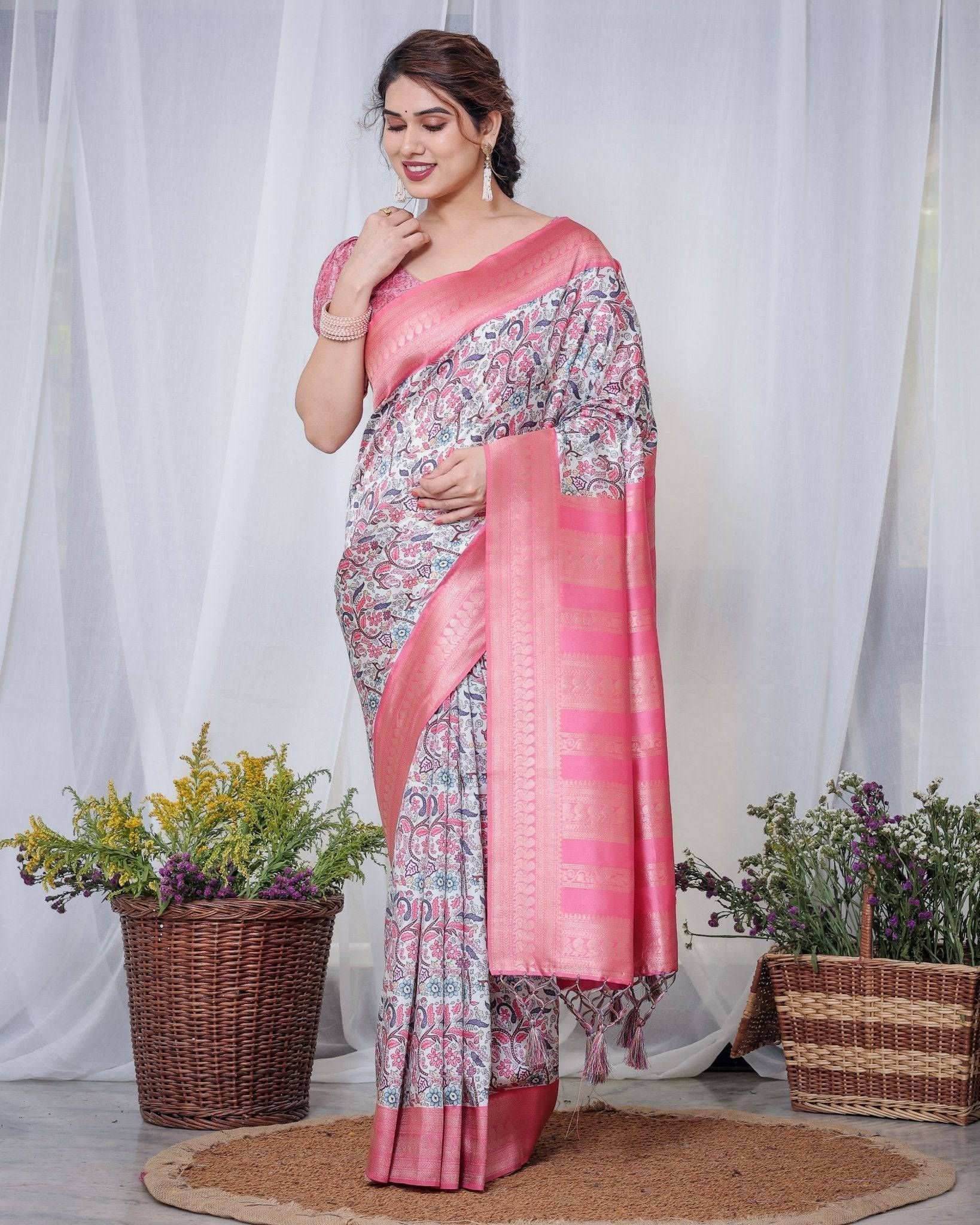 Ivory Banarasi Silk Saree with Vibrant Paisley Digital Print, Pink Zari Border & Tassel Pallu-Regular
