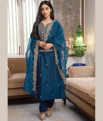 kedar fab Women Cotton Blend Embroidered Straight Kurti With Pants ( Navy Blue )