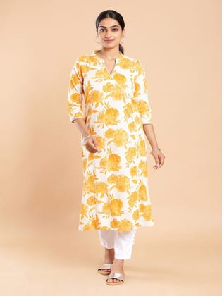 Kalyan Silks Golden Yellow Floral Printed Off White Kurti Top