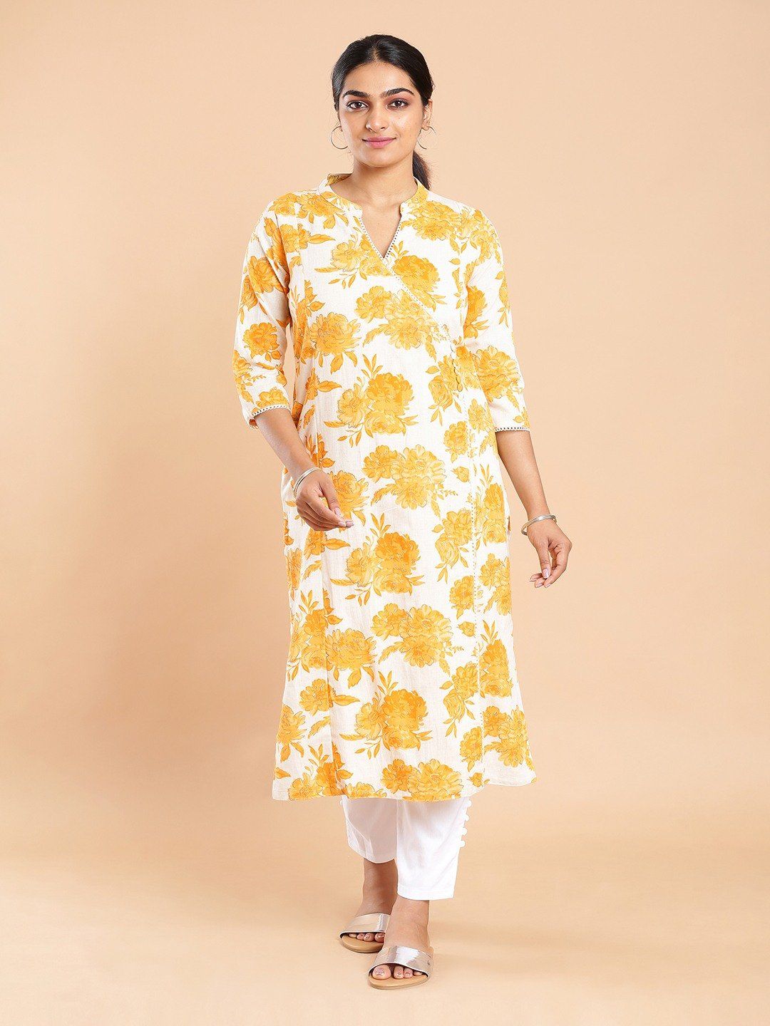 Kalyan Silks Golden Yellow Floral Printed Off White Kurti Top