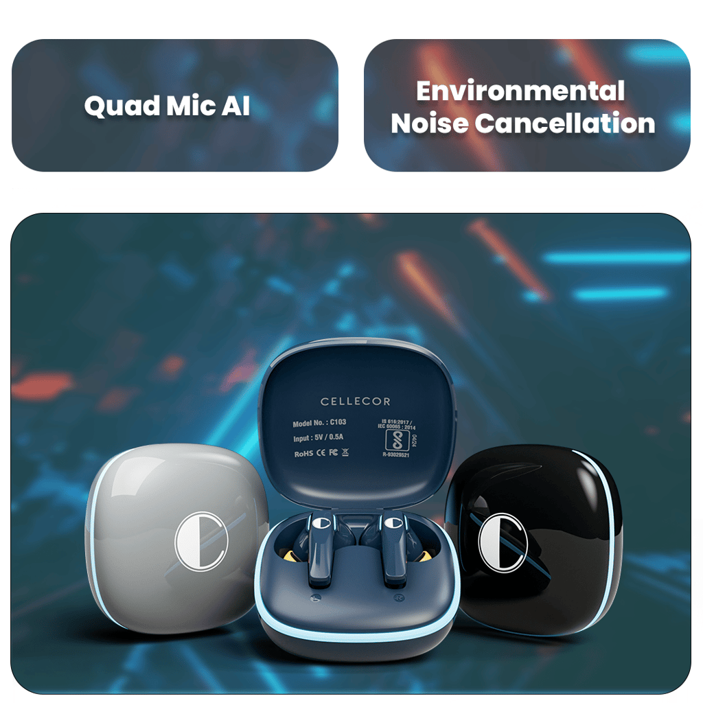 Cellecor BroPods C103 PLAY Quad Mic TWS |35H Playtime, ENC, 5.3v, 50ms Low Latency Gaming Bluetooth-Blue