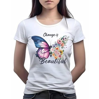 Women's Round Neck Butterfly Floral Graphic 100 Percentage Cotton Printed Regular Fit White (Size XL)