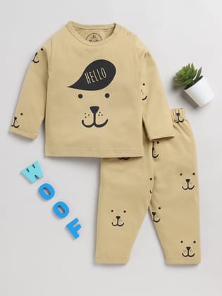 Hello Puppy Beige Full Sleeve Nightwear Set-3-6 m
