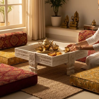 BAANMATA INTERNATIONAL Off-White Decorative Handicraft Coffee-Table Cum Lamp-Table,Wooden Carved Grinder-Table,Multipurpose Chakki-Table for Home/Office