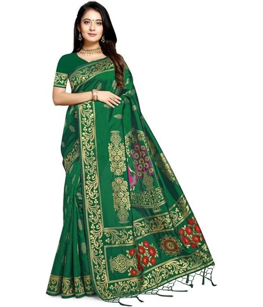 NENCY FASHION Banarasi Silk Printed Saree With Unstitched Blouse Piece ( Green )