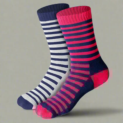 Heelium Bamboo Kids Crew Socks (Stripes) - 2 Pairs-Age 6-8 Years / Pink | Navy Blue