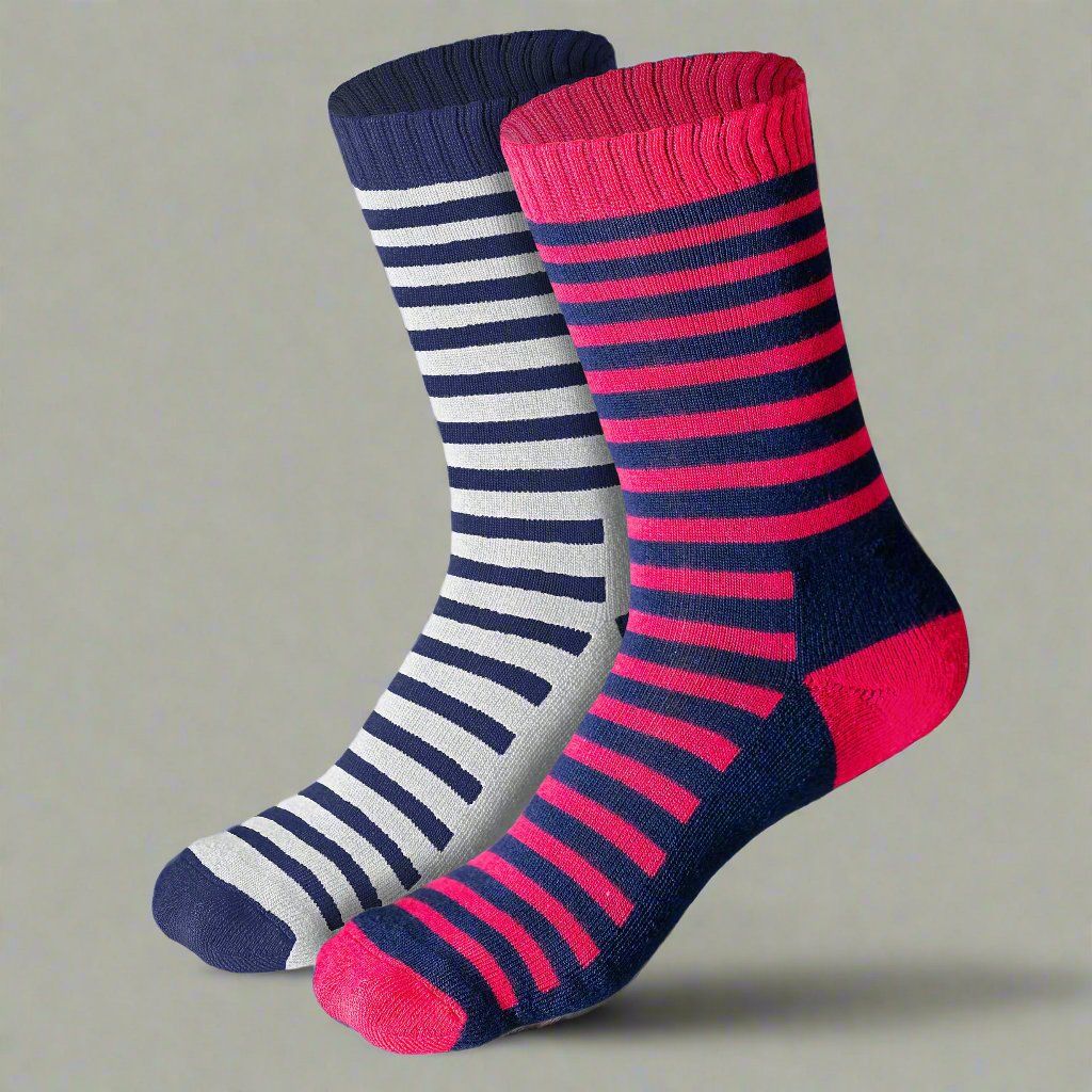 Heelium Bamboo Kids Crew Socks (Stripes) - 2 Pairs-Age 6-8 Years / Pink | Navy Blue