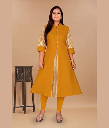 RIAANA Women Cotton Blend Printed Front Slit Kurti ( Mustard )