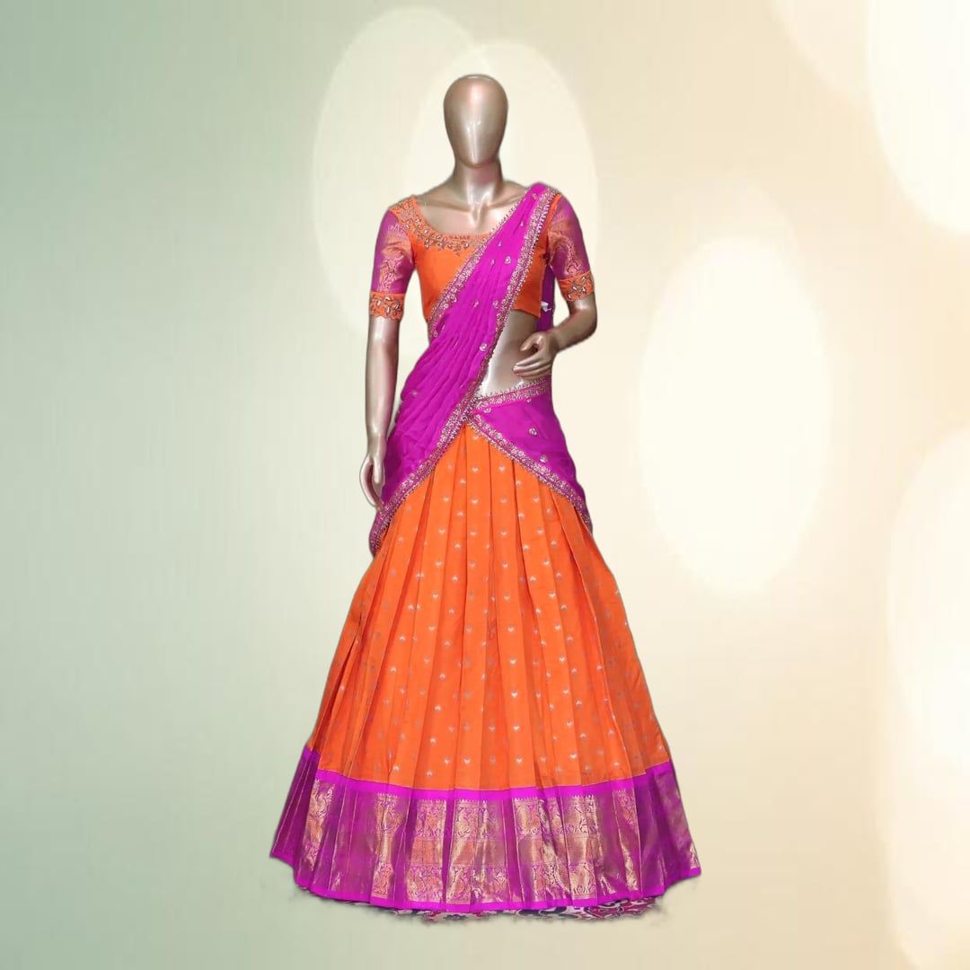 Girls Traditional Langa Voni Half-Saree Set (Orange & Pink) | Zari Border | Festive Ethnic Wear