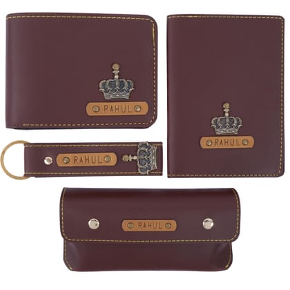 The Junket Personalized Men's Combo Gift Set with Name Charm – Leather Wallet Passport Cover Keychain Sunglass Case | Valentine Gift for Boyfriend Husband (Dark Brown) The Junket Personalized Men's Combo Gift Set with Name Charm – Leather Wallet Passport