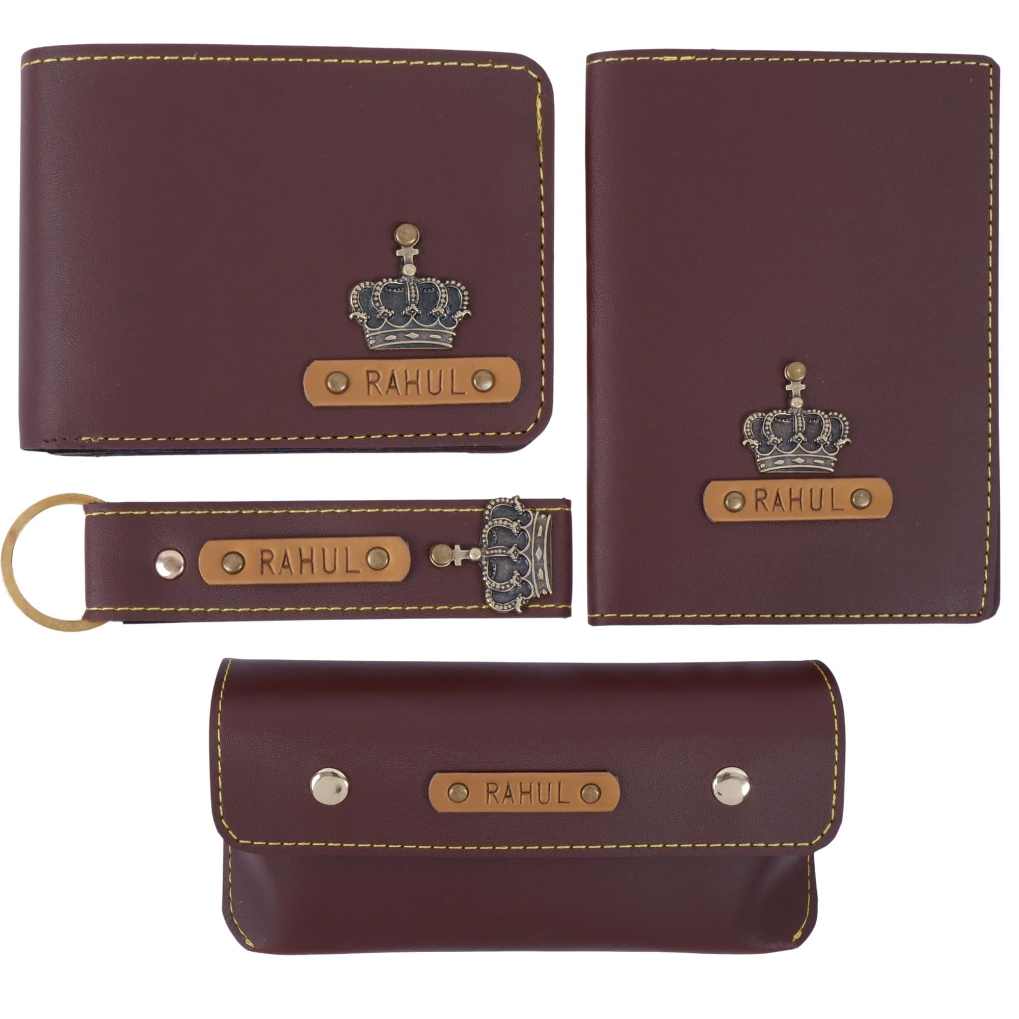 The Junket Personalized Men's Combo Gift Set with Name Charm Leather Wallet Passport Cover Keychain Sunglass Case | Valentine Gift for Boyfriend Husband (Dark Brown) The Junket Personalized Men's Combo Gift Set with Name Charm Leather Wallet Passport Cov