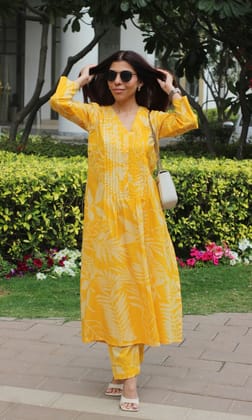 Cotton Yellow Big Leaf Pleated Kurta & Pants-XXS