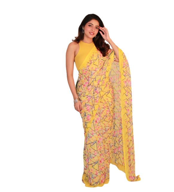 GENERIC Women's Georgette Printed Saree With Unstitched Blouse 5.5Mtr (Yellow)-PID67523