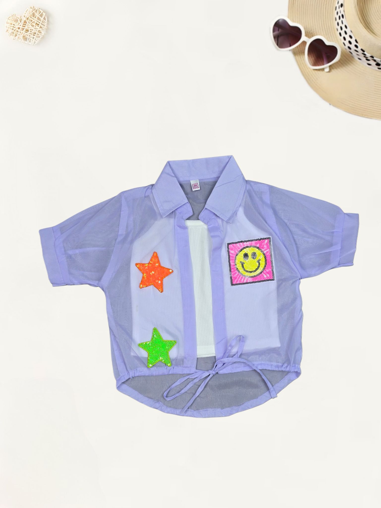 Girls 2-piece Fancy Lavender  Shirt  [GT-619] [4-12Years]-7-8Y (Size - 30) / Lavender / Organza & Ribbed