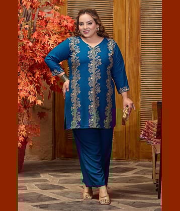 PrettyPlus by Desinoor.com Women Printed Tunic With Trousers Co-Ord Set ( Teal )