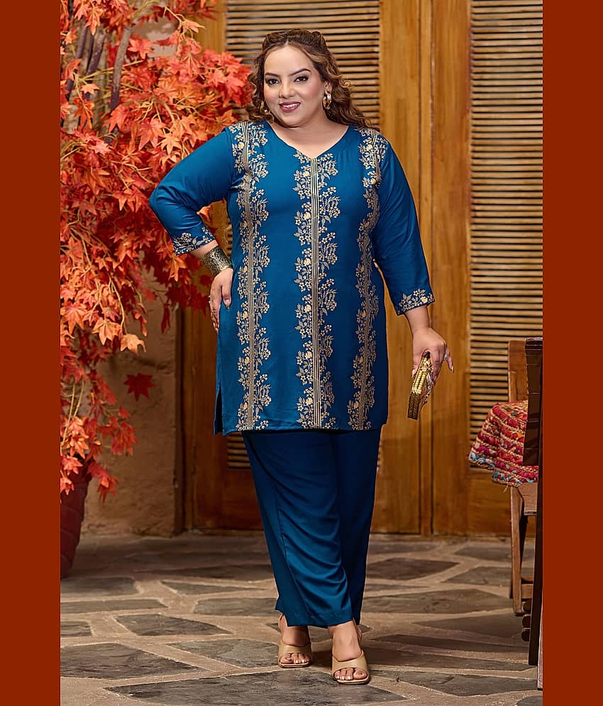 PrettyPlus by Desinoor.com Women Printed Tunic With Trousers Co-Ord Set ( Teal )