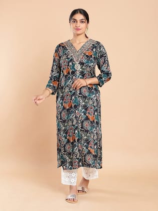 Kalyan Silks Multi Color Floral Printed Navy Blue Kurti Top