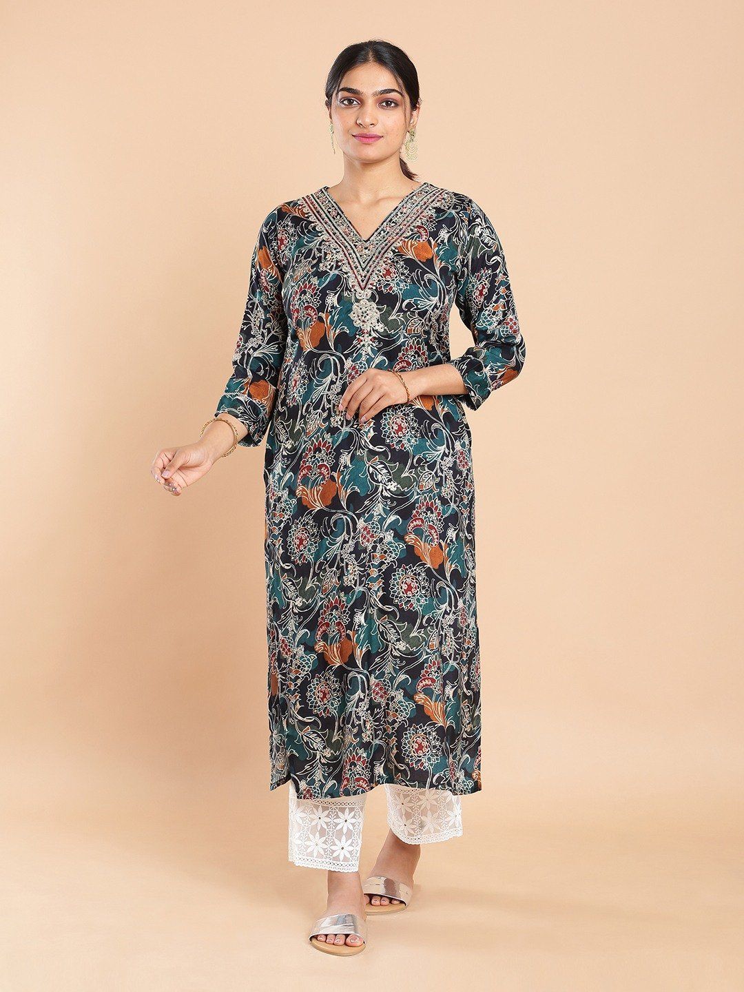 Kalyan Silks Multi Color Floral Printed Navy Blue Kurti Top