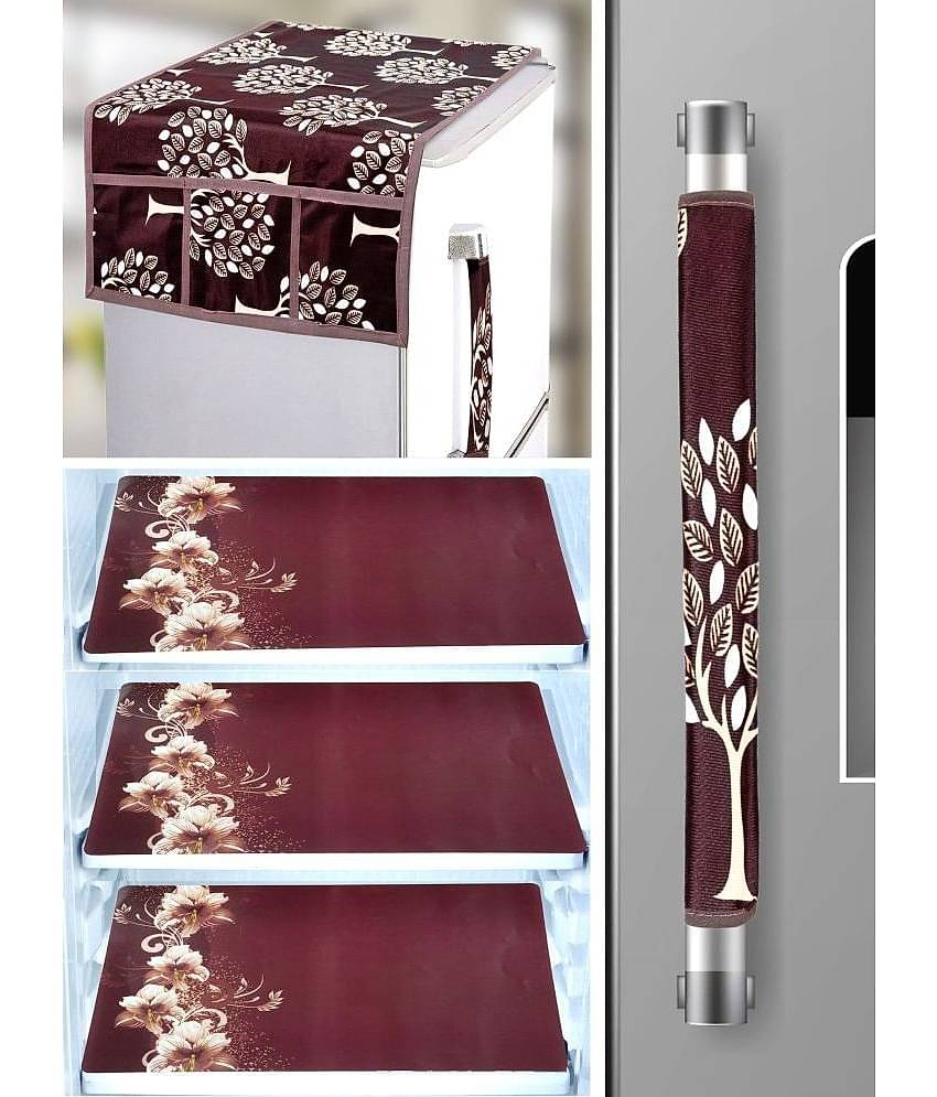 Crosmo Polyester Floral Printed Fridge Mat & Cover ( 64 18 ) Pack of 5 - Brown