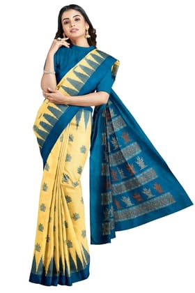 Sonepuri Bomkai Mulberry Silk Saree Cream and Blue
