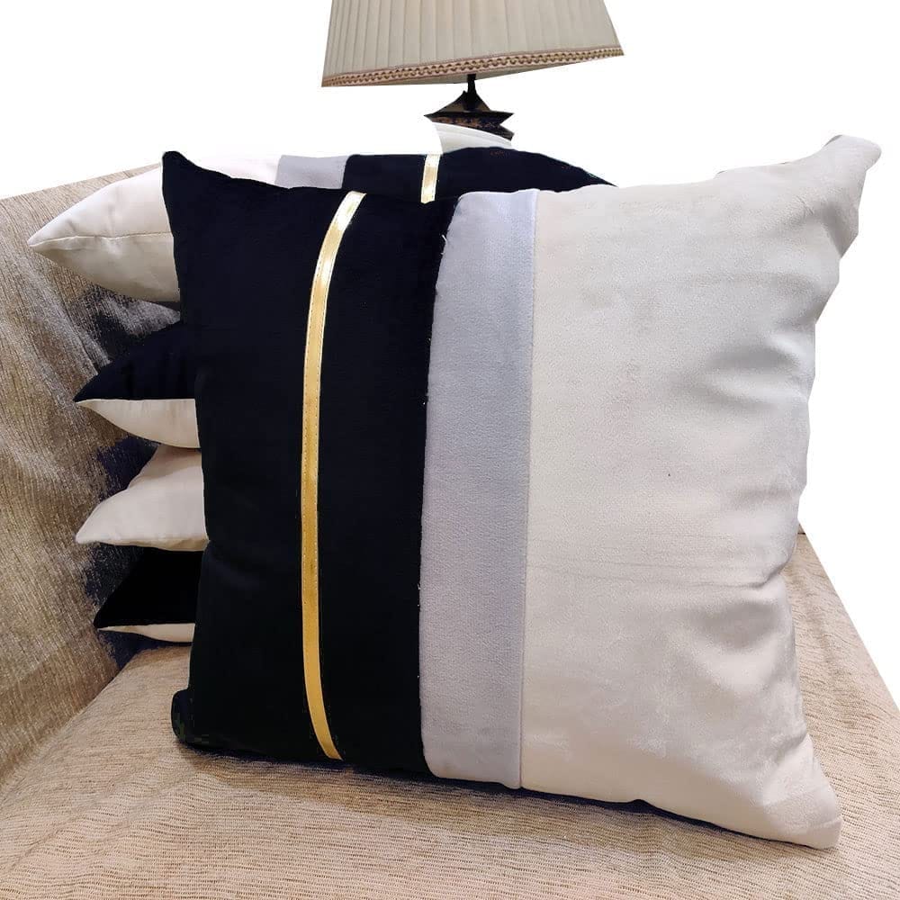 GOODVIBES Brown Beige Gold Leather Striped Patchwork Velvet Cushion Case Luxury Modern Throw Pillow Cover Decorative Pillow for Couch Living Room Bedroom Car| 16X16 Inches | 40cm * 40 cm I Set of 5|