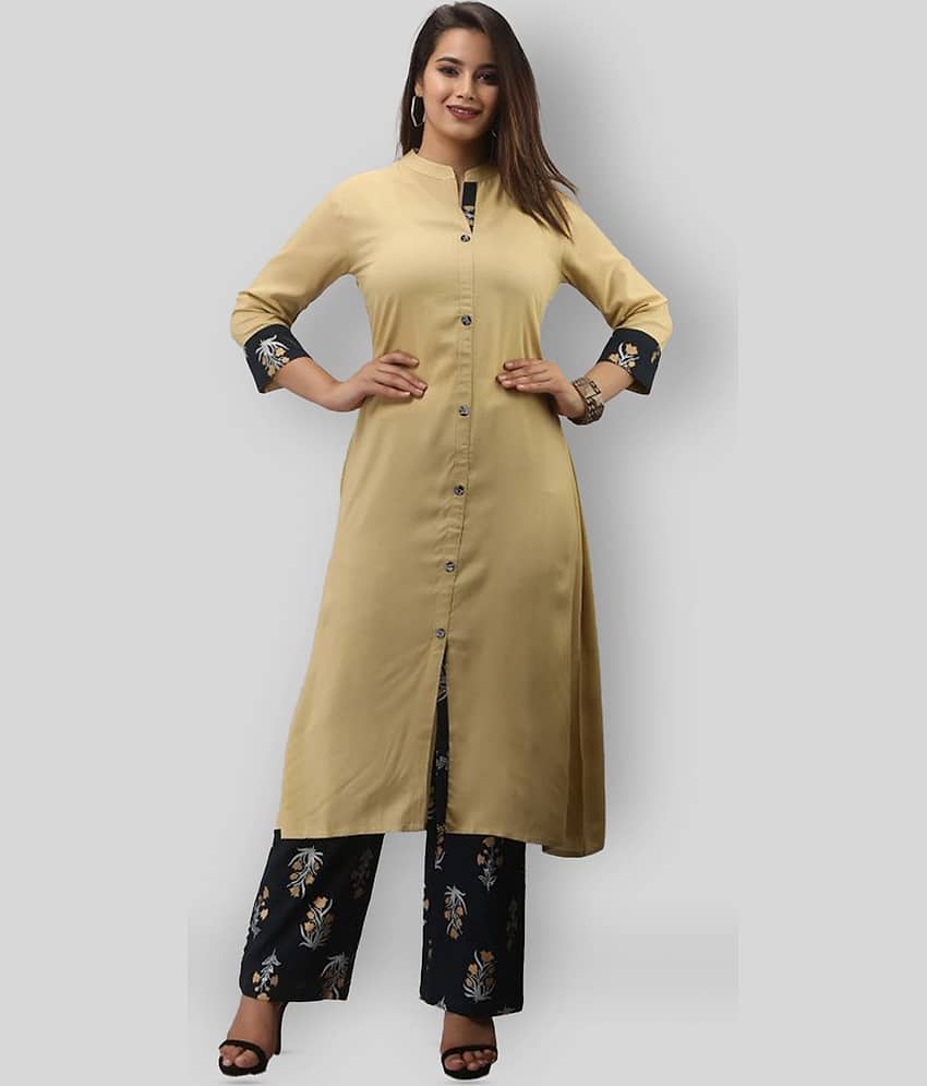 MAUKA - Beige Straight Rayon Women's Stitched Salwar Suit ( Pack of 1 )
