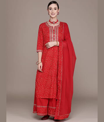 Ishin Cotton Embroidered Ethnic Top With Pants Women's Stitched Salwar Suit - Red ( Pack of 1 )