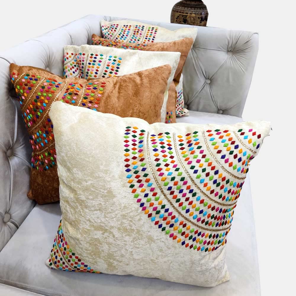 Suede Cream Off White Multicolor Brown Tan Set of 5 Ethnic Beaded Embroidered Square Combo Cushion Covers for Sofa Home Bedroom (16x16 inch or 40 x 40 cm) - Ethnic Shoes | Buy online on ZillyBuy