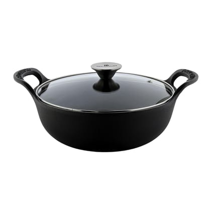 TRILONIUM Triple Seasoned Cast Iron CrockWok Kadhai 26 cms, Capacity 3 Litres, 2.5 kgs with Lid