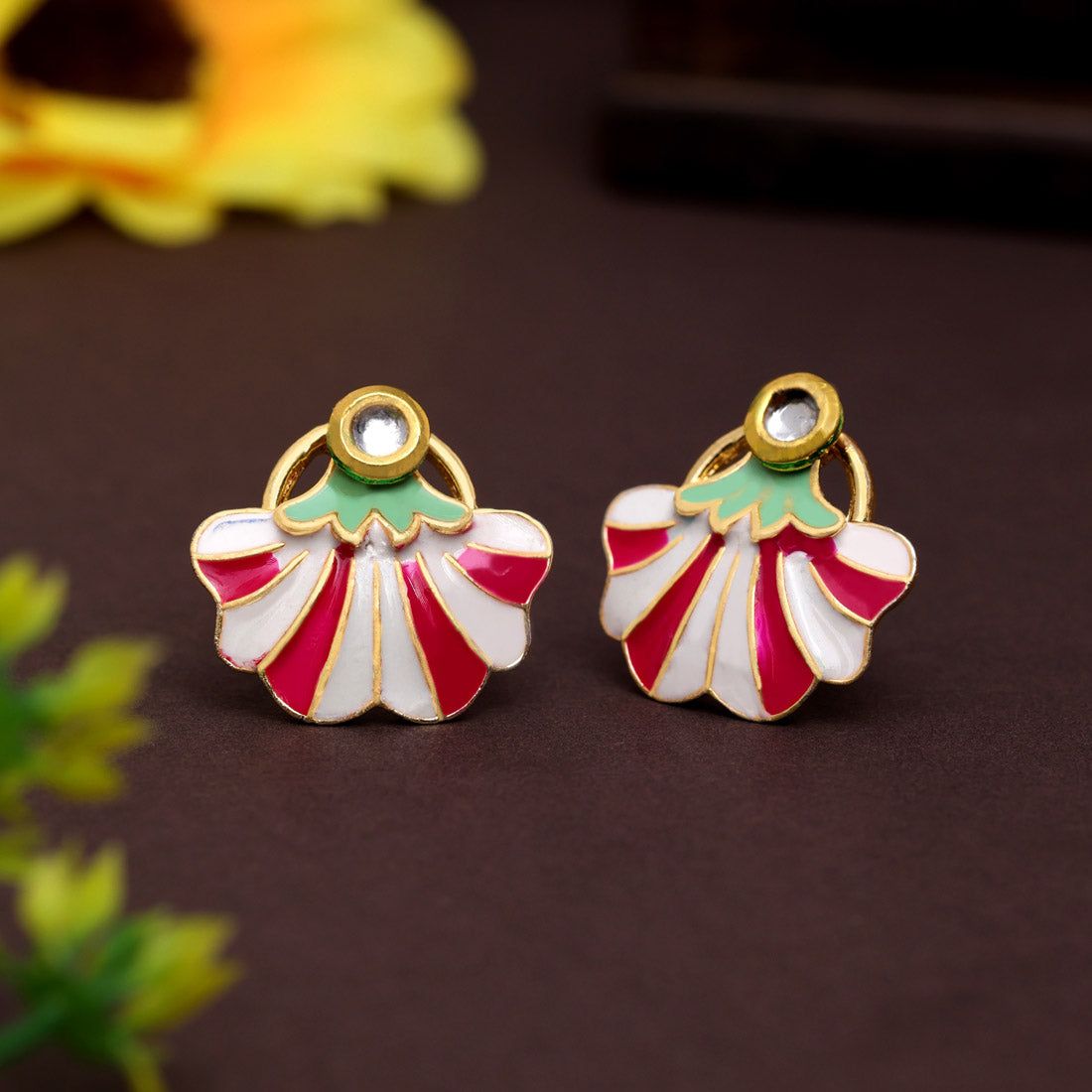 Rani Color Meenakari Earrings-Earring Length: 2.50 CM x Width: 2.00 CM / Rani / Alloy With Good Quality Gold Plated
