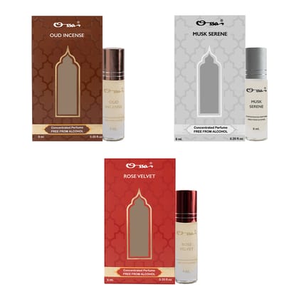 OSSA OUD INCENSE, MUSK SERENE, ROSE VELVET CONCENTRATED PERFUMES (PACK OF 3)