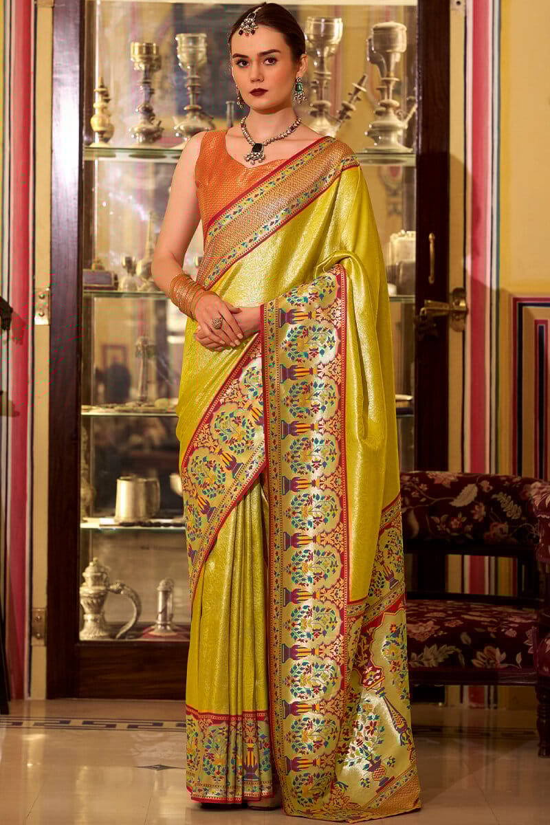 Dark Yellow Paithani Tissue Silk Saree