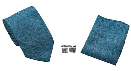 VOICI France Men's Self-design necktie pocket square lapel pin and cufflink combo gift set Blue color free size - Blue 3