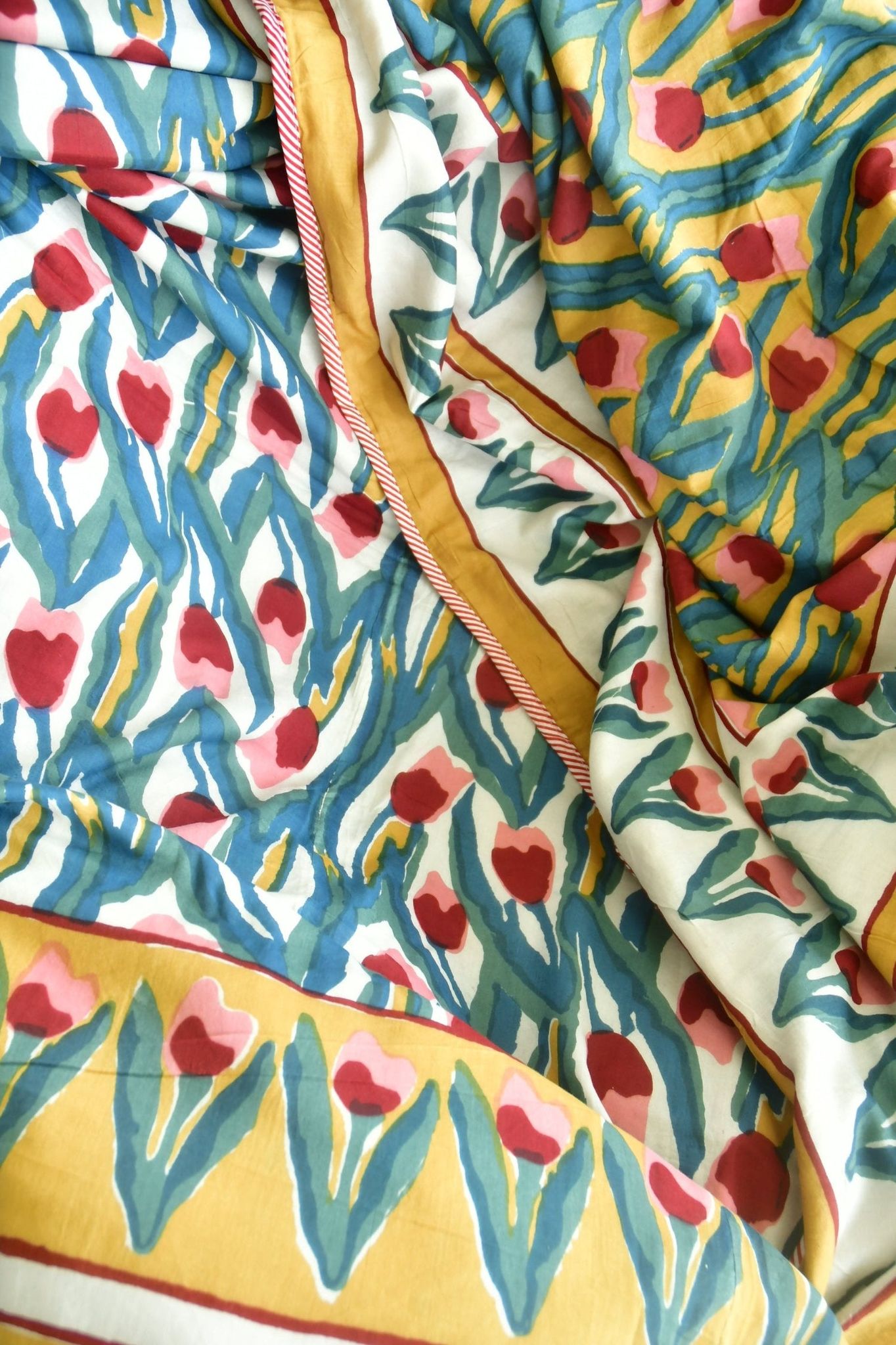 Tulip Love Mustard Yellow and Pink Premium HandBlock DoharDouble Bed