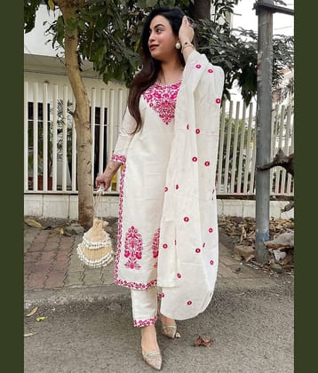 kedar fab Women Rayon Embroidered Straight Kurti With Pants ( Off White )