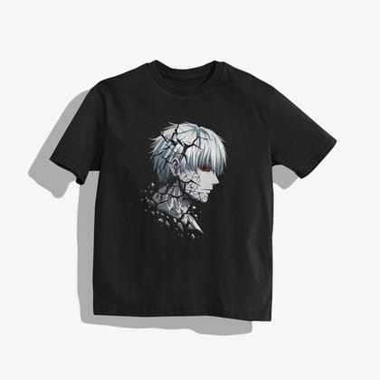 ken kaneki T-Shirt - Round Neck Drop Shoulder Graphic Printed Oversized Cotton T-shirt-S / Black