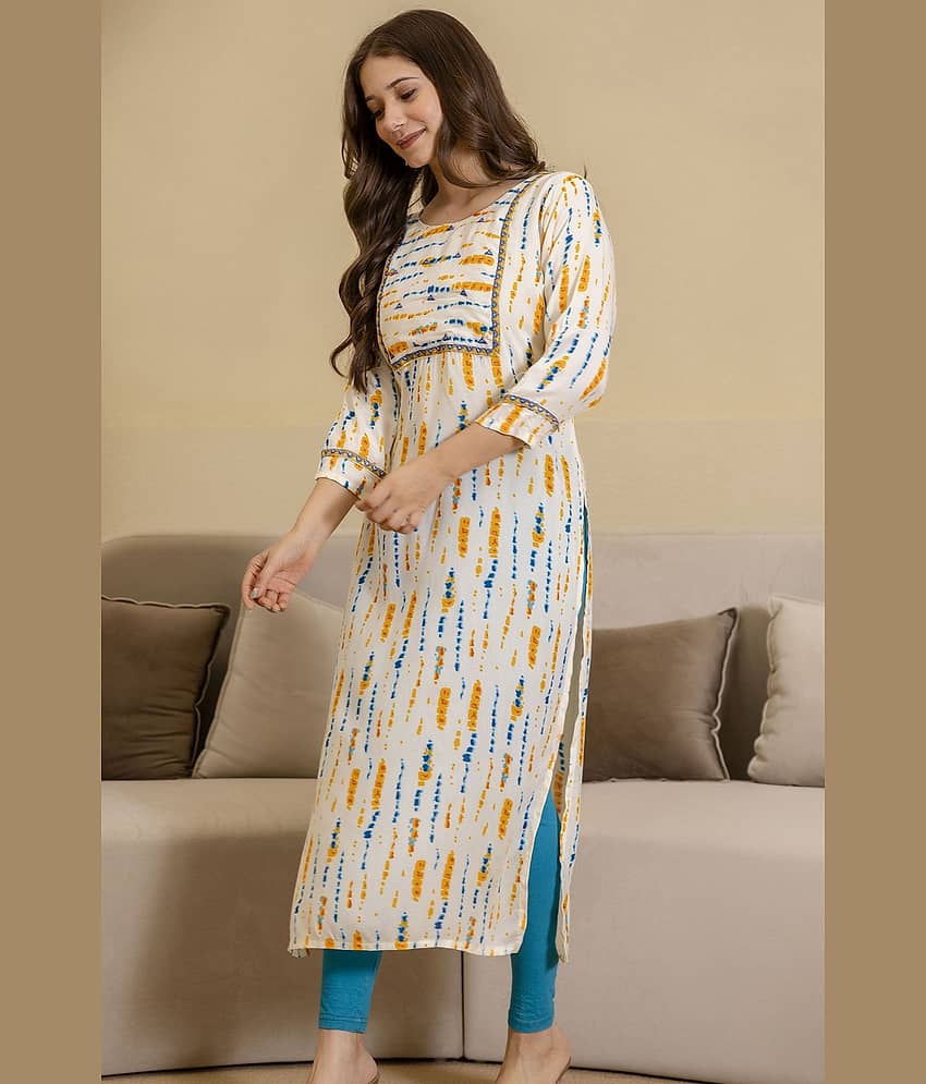 Kapadia Women Viscose Rayon Embroidered Straight Kurti ( Beige )