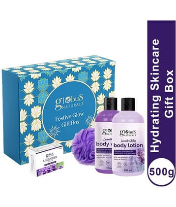 Globus Naturals Lavender Love Skincare Gift Box -  Body Lotion 200 ml, Soap Bar 100 gm & Body Wash 200 ml with Loofa