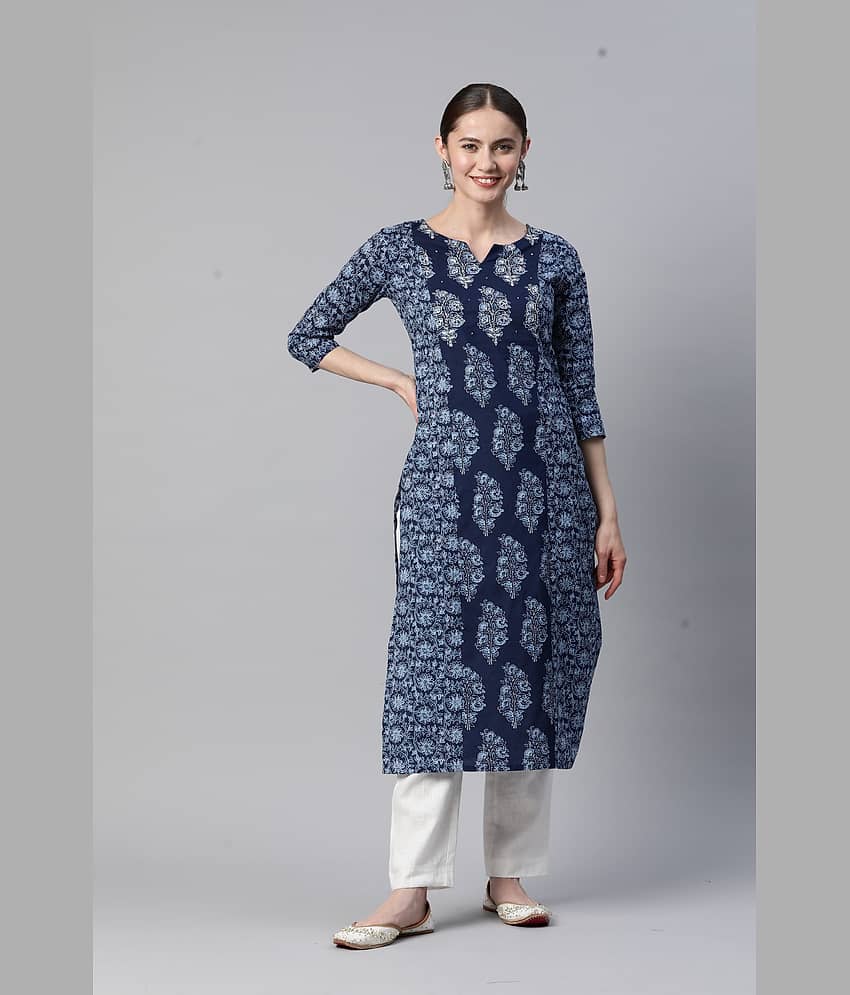 Vbuyz - Blue Cotton Women's Straight Kurti ( Pack of 1 )
