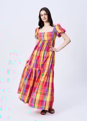Rosette (red check puff sleeve maxi dress)-Red / XS
