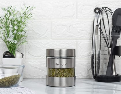 Femora Clear Glass Steel Metallic Jars for Kitchen Storage, 700 ML, Free Replacement of Lids