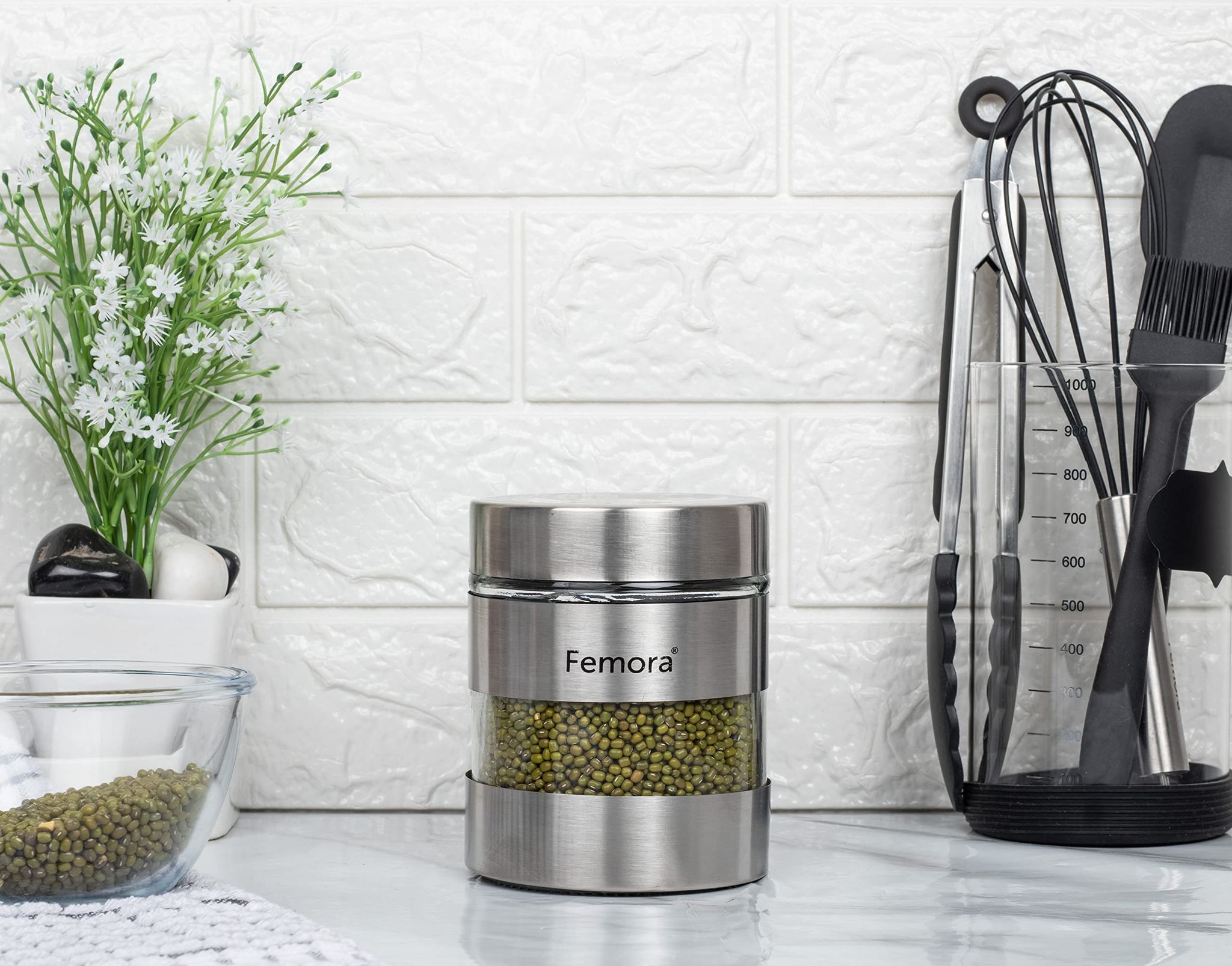 Femora Clear Glass Steel Metallic Jars for Kitchen Storage, 700 ML, Free Replacement of Lids