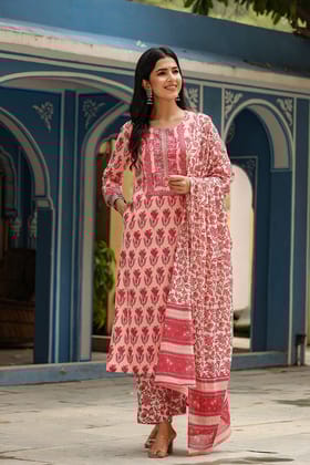 Pink Cotton Blend Floral Printed Straight Suit Set VKSKD1154