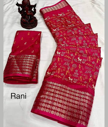 Bhuwal Fashion Art Silk Printed Saree With Unstitched Blouse Piece ( Red )