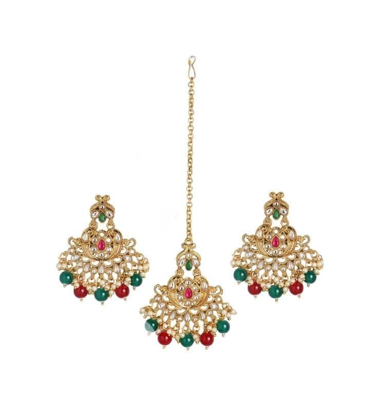 Generic Women's Rose Gold Plated Alloy Kundan Earrings & Mangtikka-PID47253