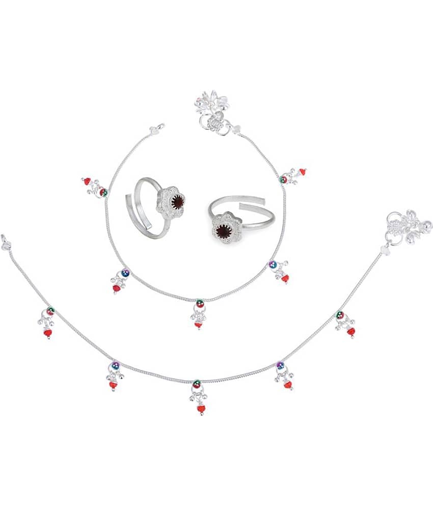 AanyaCentric Silver Plaed 1 Pair Anklet & 1 Pair Toe Ring Combo
