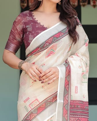 Off-white Pure Cotton Linen Saree with Intricate Geometric Pattern and Tassels on Edges-Regular