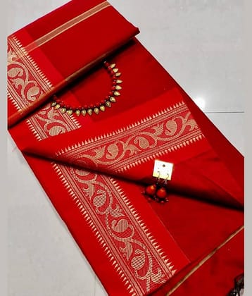 SARADA HANDLOOM Cotton Self Design Saree With Unstitched Blouse Piece ( Red )