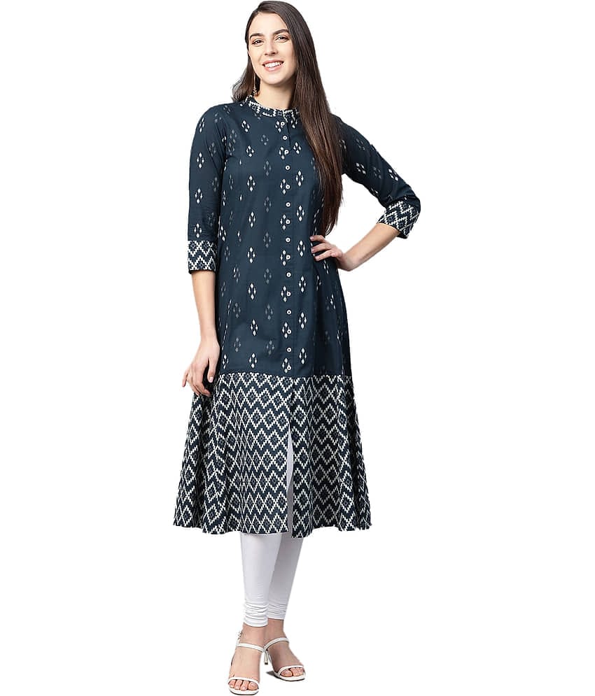 Yash Gallery Cotton Printed Front Slit Women's Kurti - Blue ( Pack of 1 )