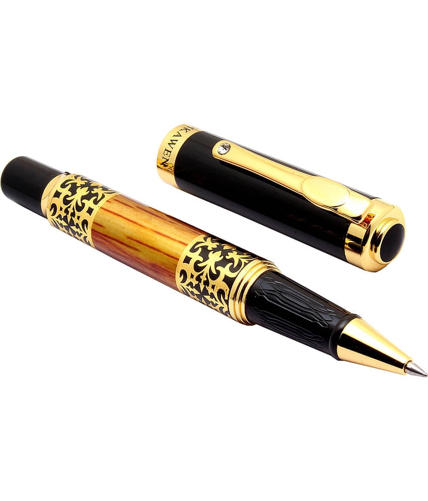 Srpc Dikawen Royal Orange Wood Textured Metal Body Golden Trims Blue Ink Refill Roller Ball Pen